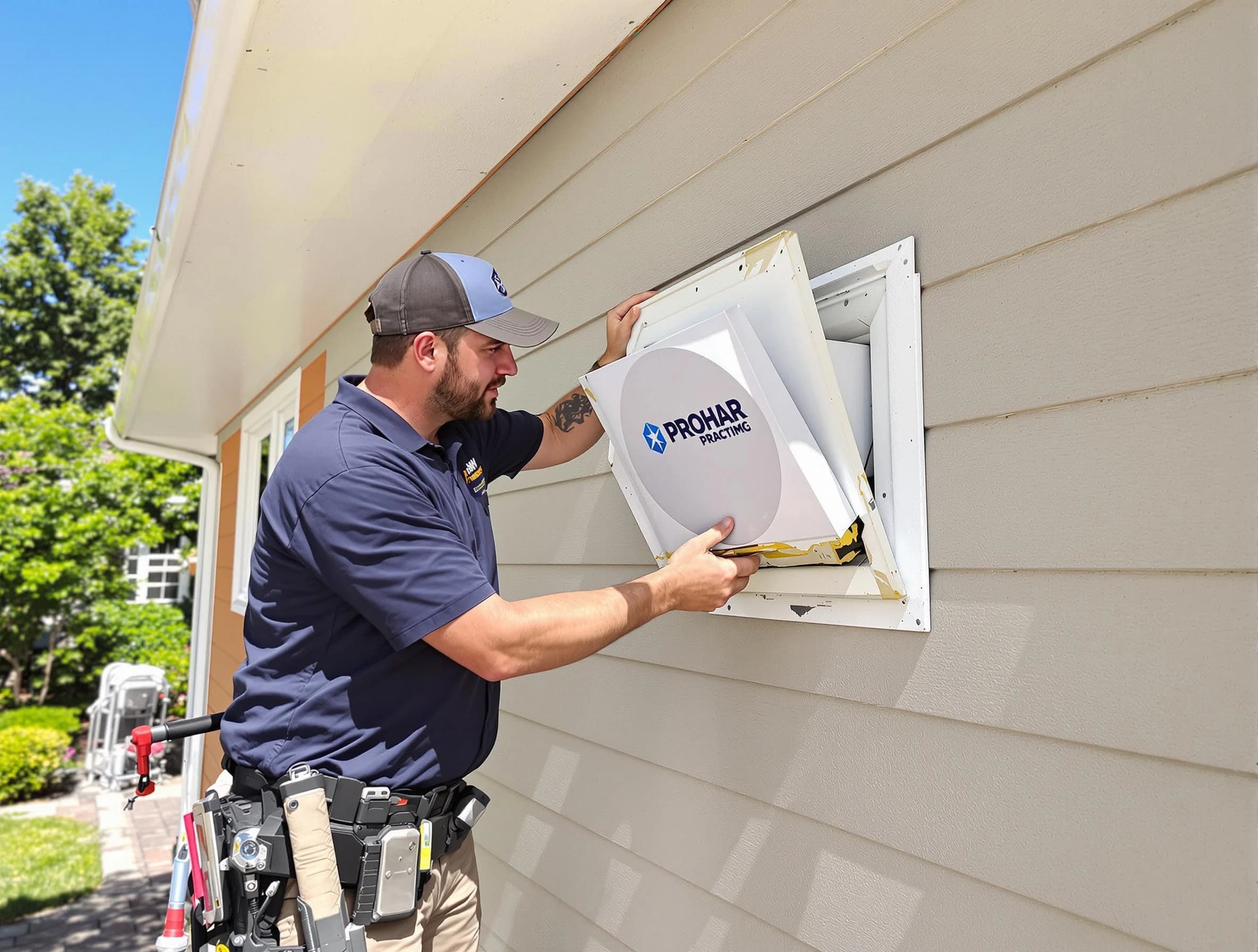 Watertown Town Dryer Vent Cleaning technician installing a new protective dryer vent cover on a home in Watertown Town