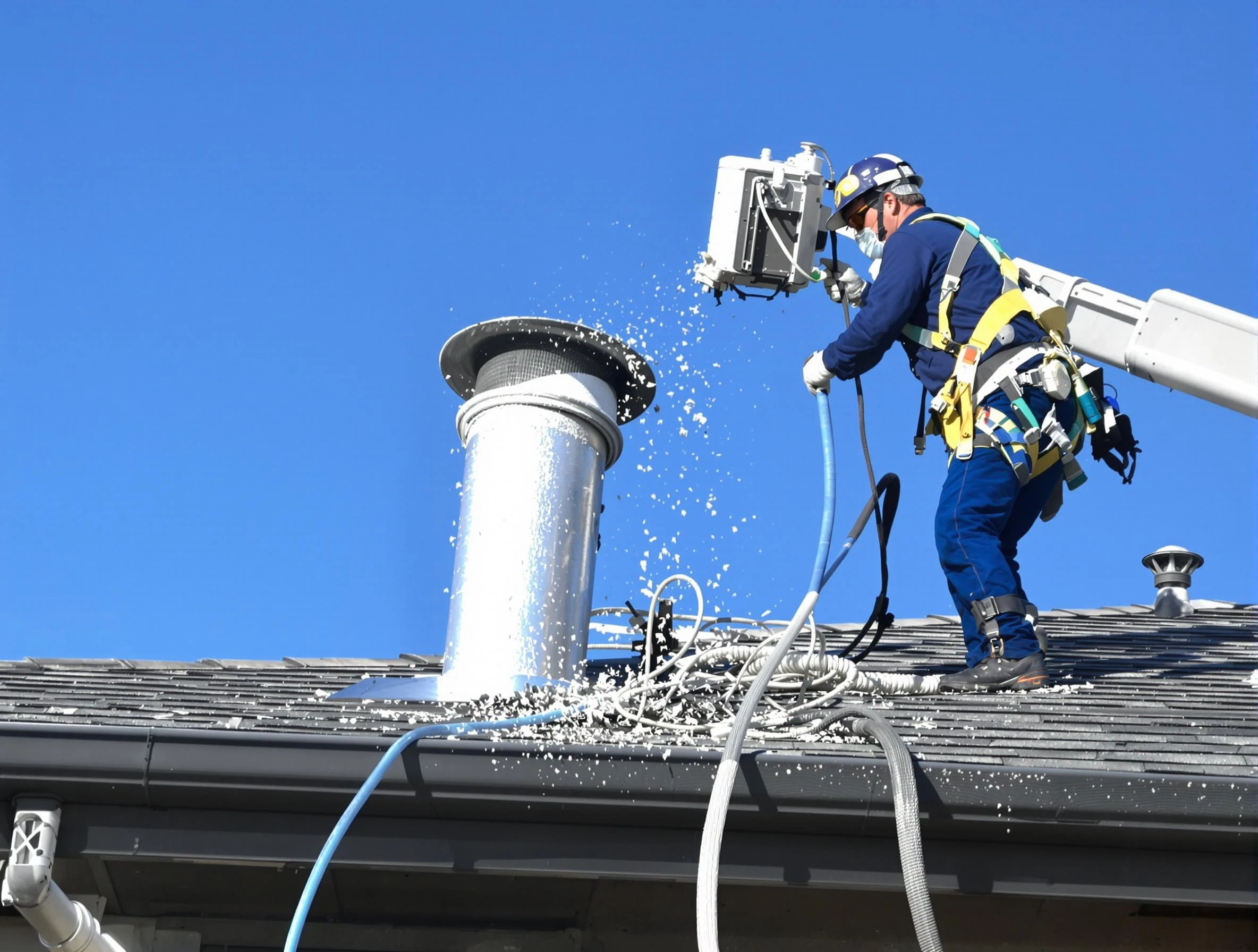 Watertown Town Dryer Vent Cleaning certified technician safely cleaning a roof-mounted dryer vent in Watertown Town