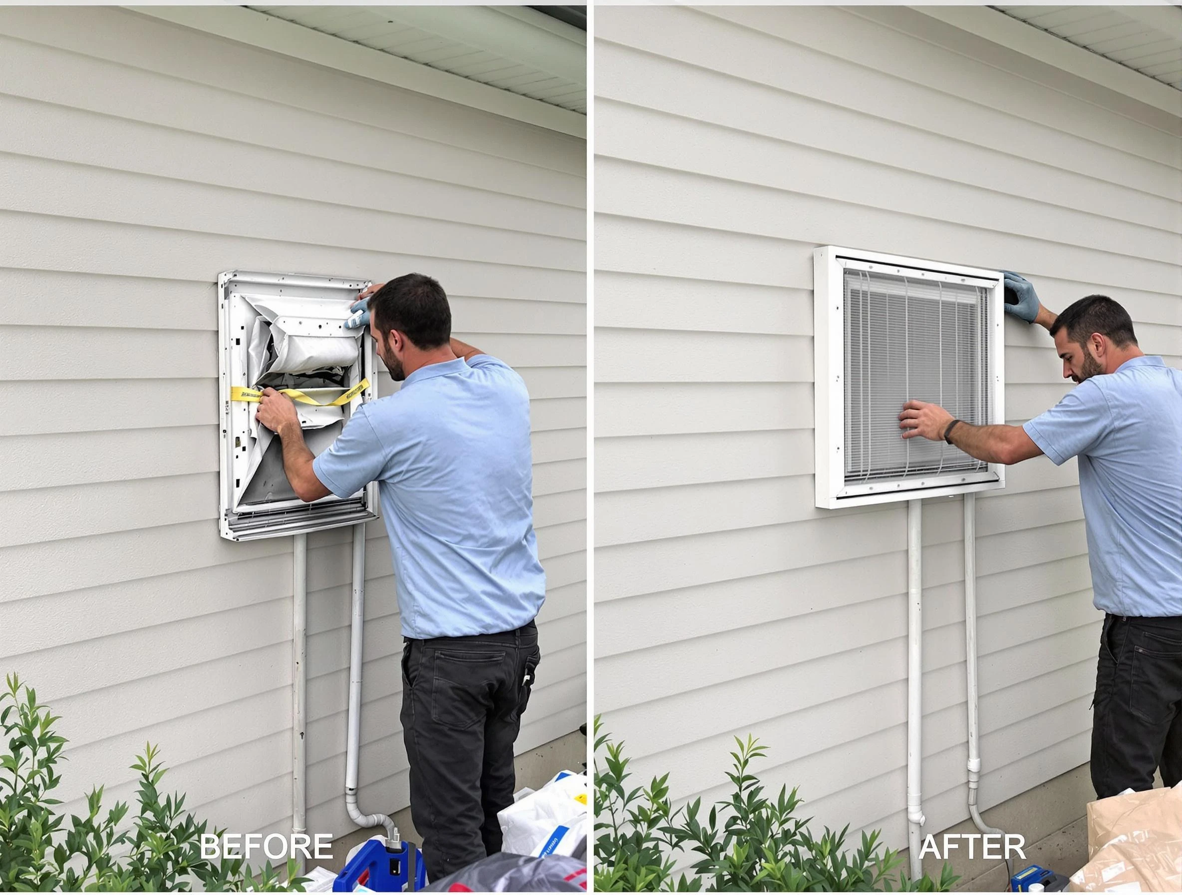Watertown Town Dryer Vent Cleaning technician installing high-quality dryer vent cover at a residential property in Watertown Town